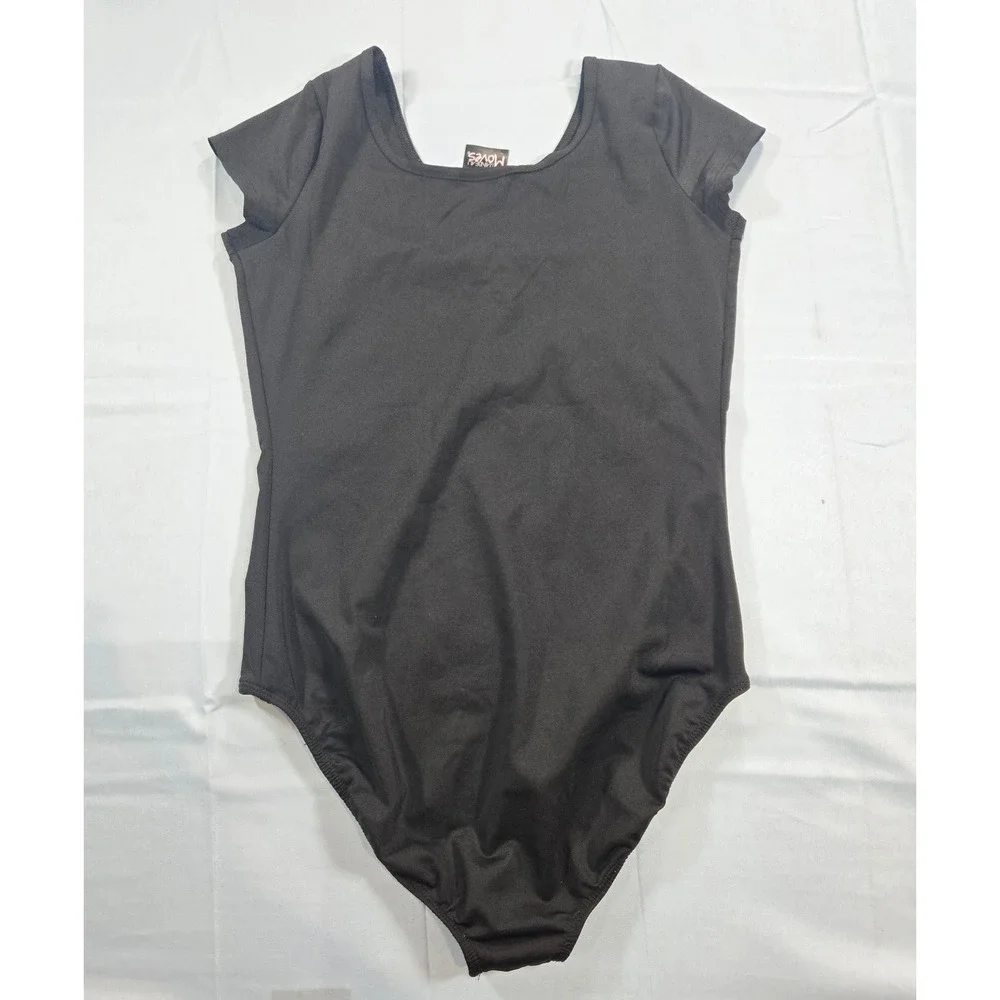 Rainbeau Moves Girls Black Short Sleeve Pinch Front Dance Leotard XL RB6827G